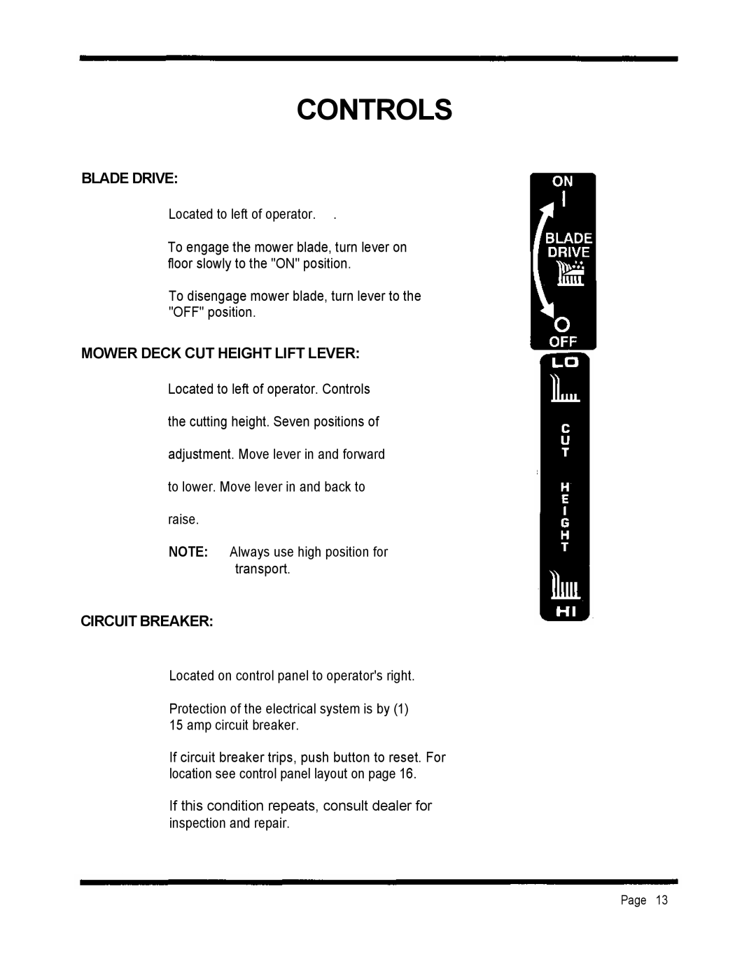 Dixon 2301 manual Blade Drive, Mower Deck CUT Height Lift Lever, Circuit Breaker 