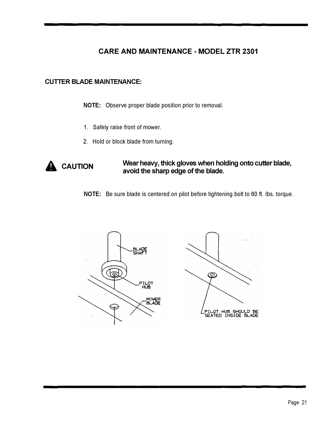 Dixon 2301 manual Care and Maintenance Model ZTR, Cutter Blade Maintenance 