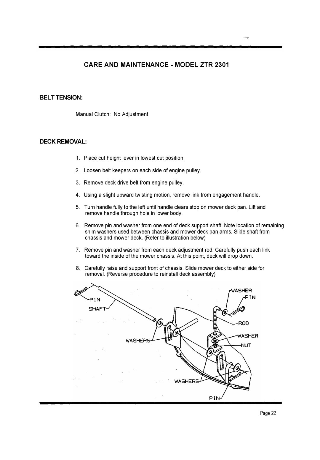 Dixon 2301 manual Belt Tension, Deck Removal 