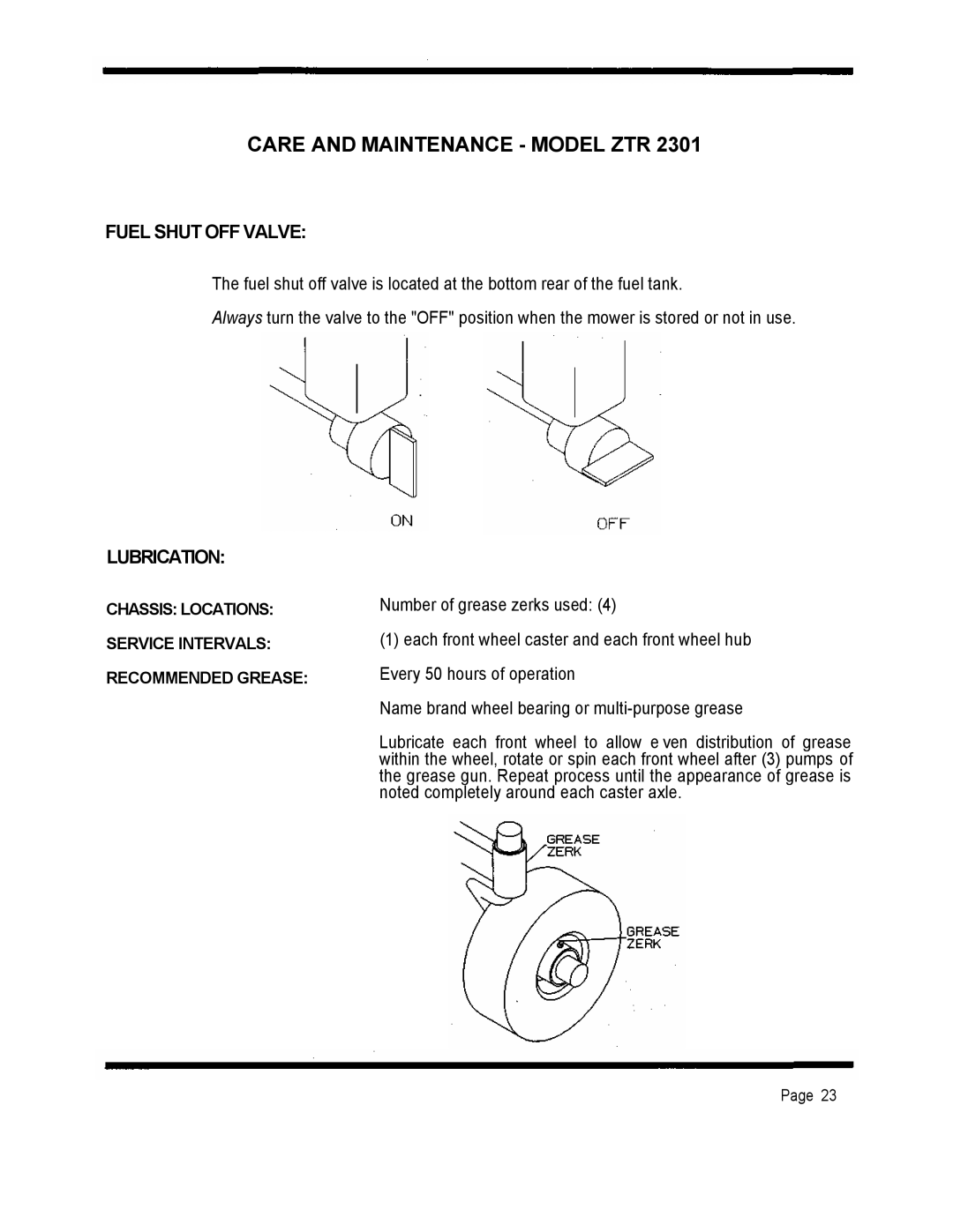 Dixon 2301 manual Fuel Shut OFF Valve, Lubrication 