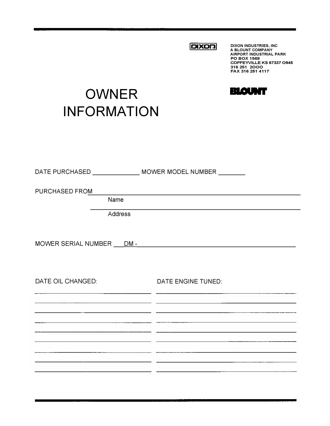 Dixon 2301 manual Owner Information 