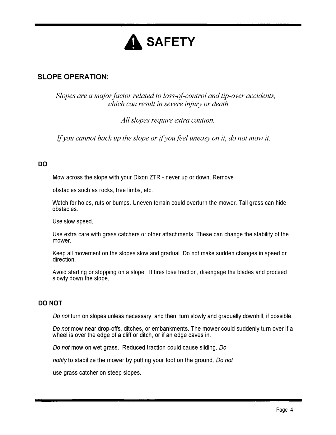 Dixon 2301 manual Slope Operation 