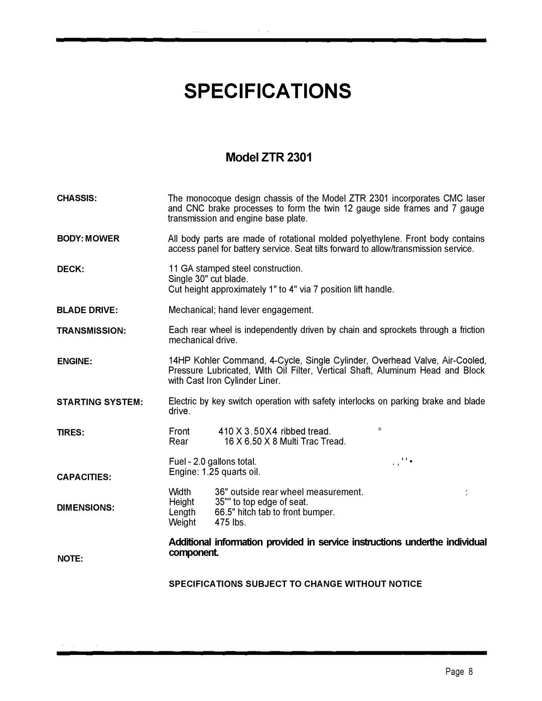 Dixon 2301 manual Specifications, Model ZTR 