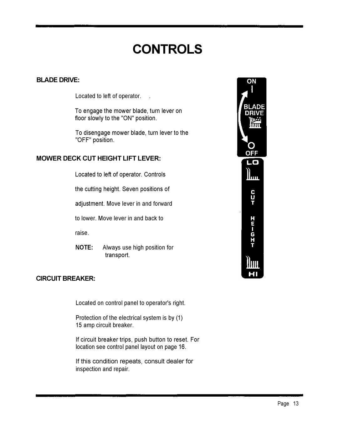 Dixon 2301 manual Controls, Blade Drive, Mower Deck Cut Height Lift Lever, Circuit Breaker 