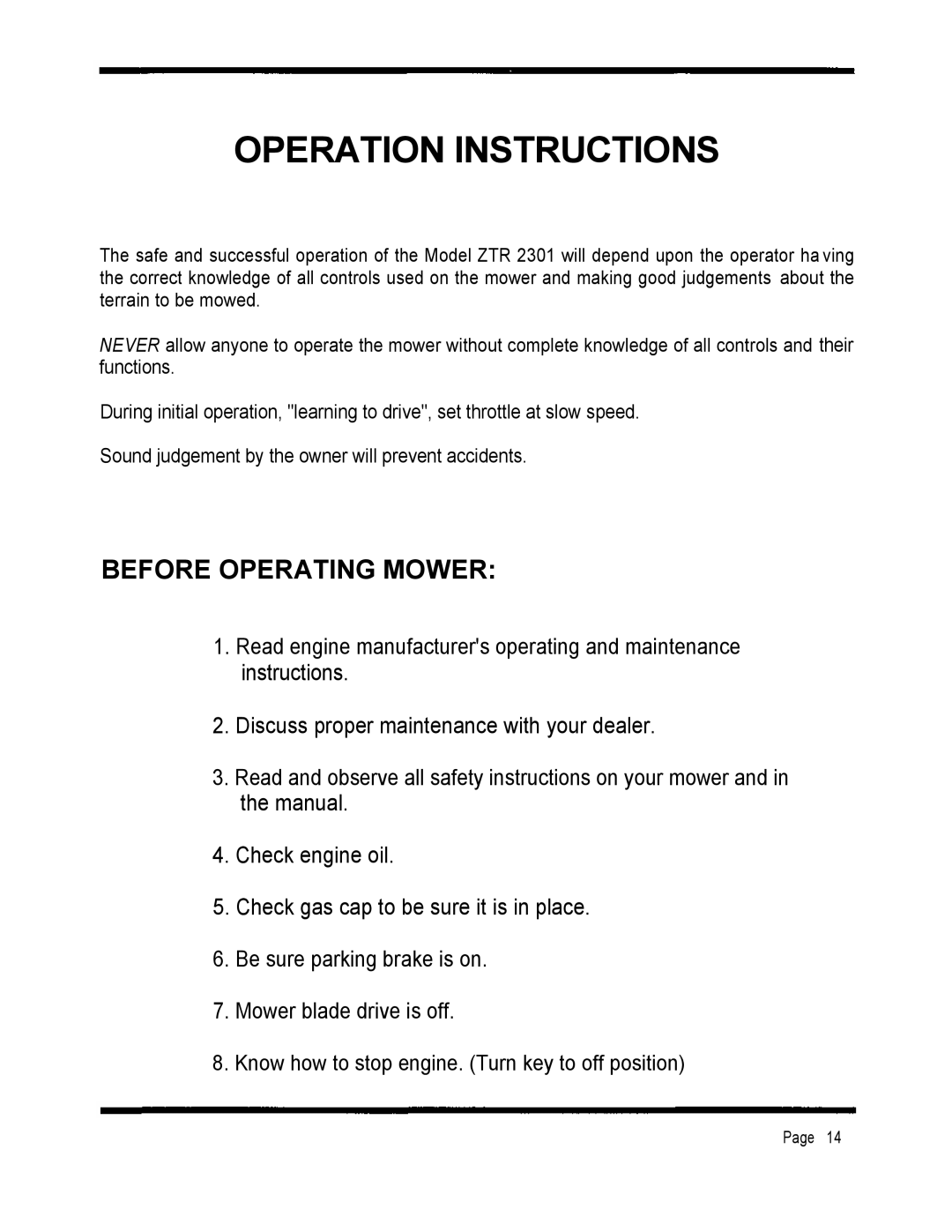 Dixon 2301 manual Operation Instructions, Before Operating Mower 