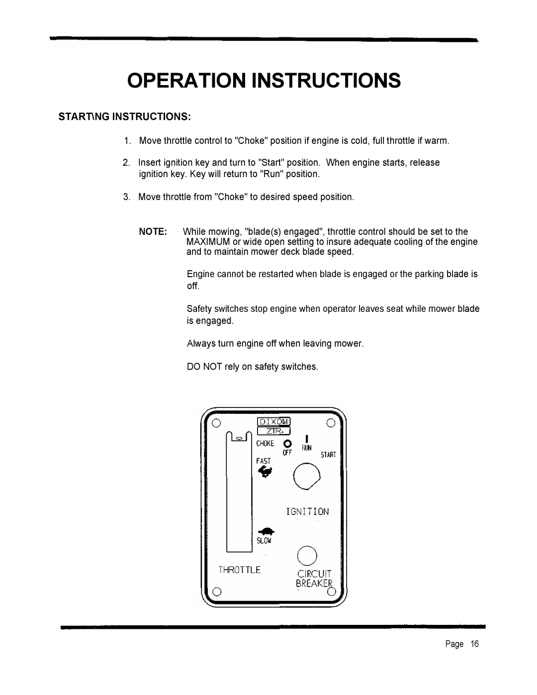 Dixon 2301 manual Operation Instructions, Start\Ng Instructions 