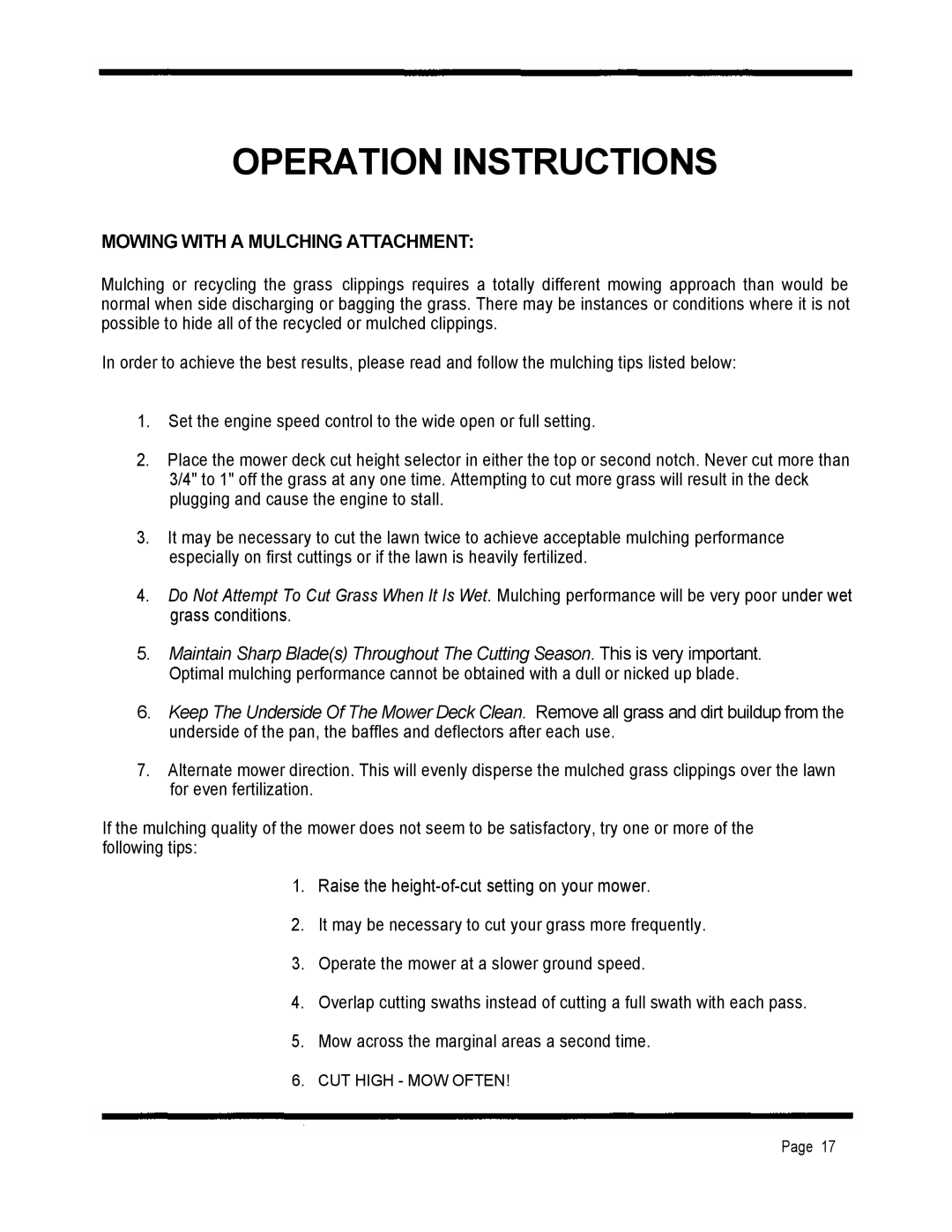 Dixon 2301 manual Operation Instructions, Mowing With A Mulching Attachment 
