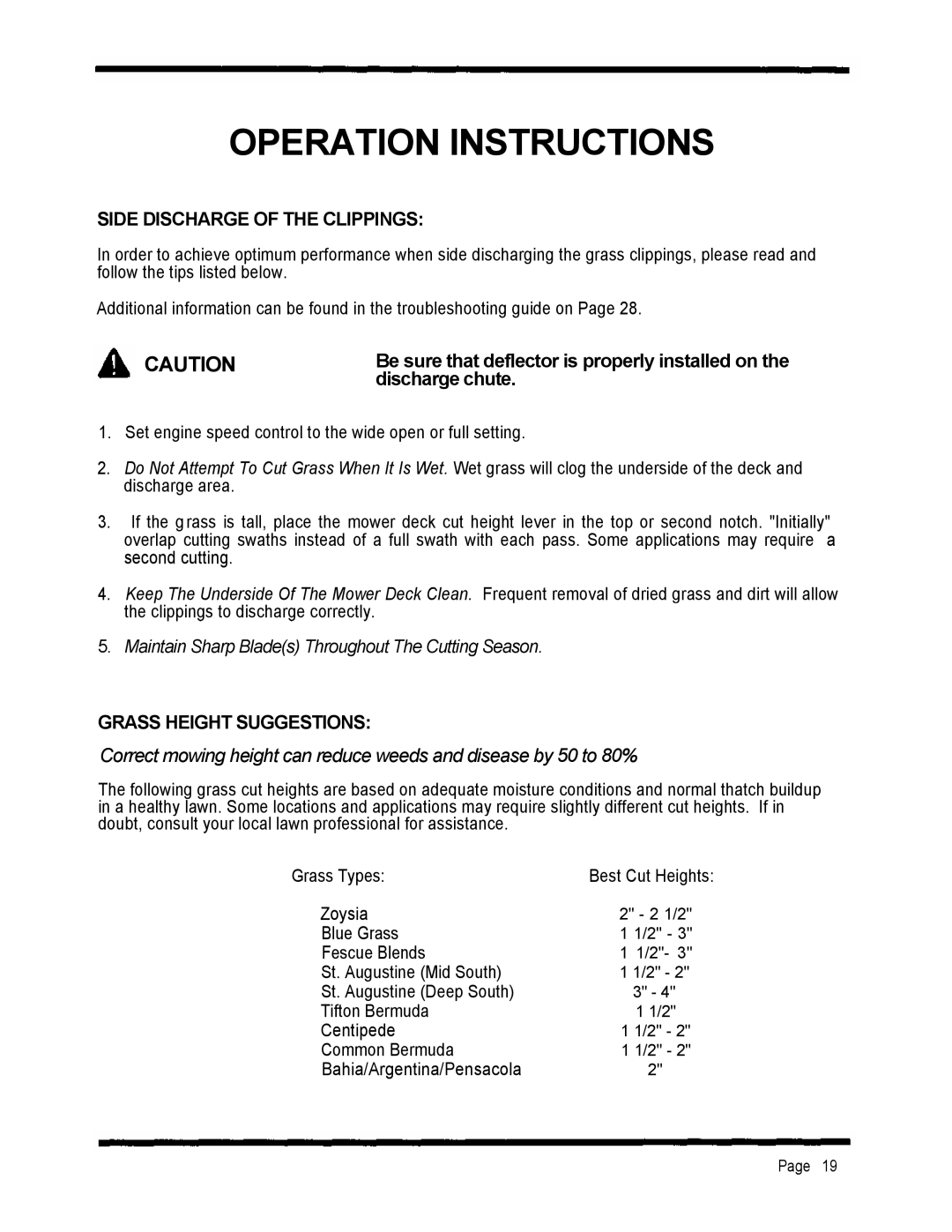 Dixon 2301 manual Operation Instructions, discharge chute, Side Discharge Of The Clippings, Grass Height Suggestions 