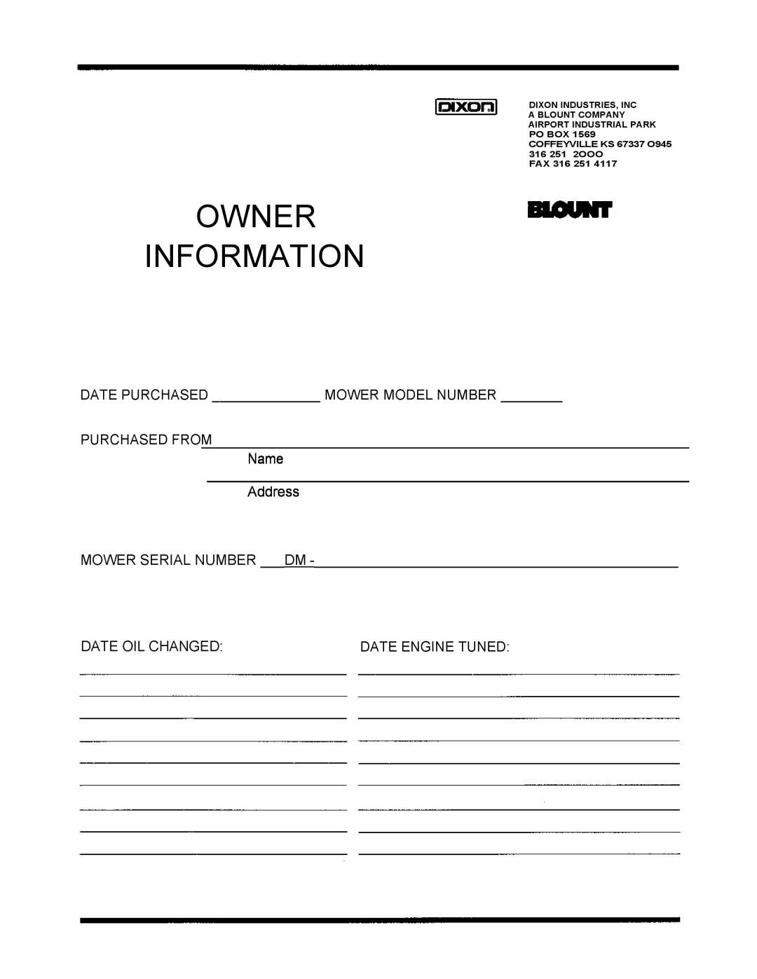 Dixon 2301 manual Owner Information, Name, Fax 