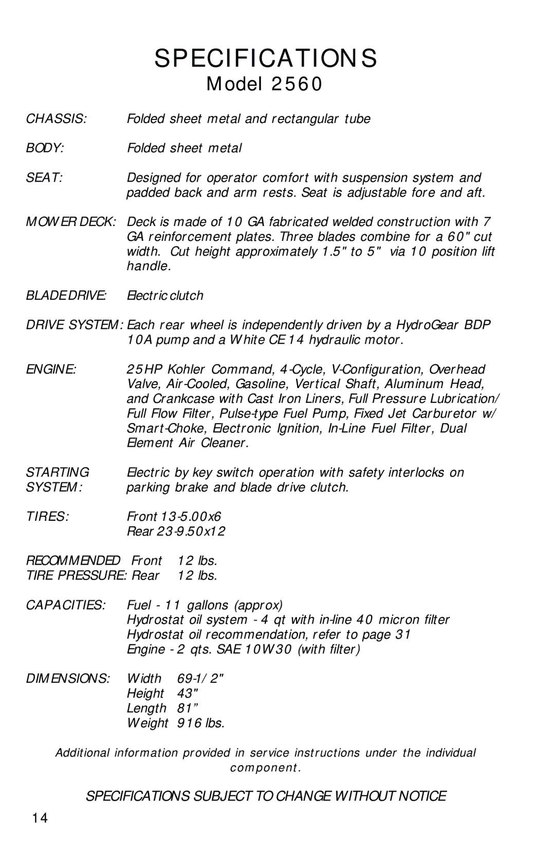 Dixon 2560 manual Specification S 