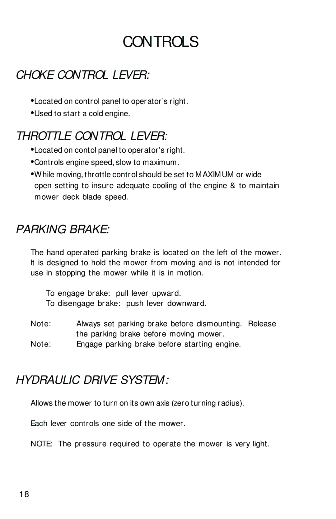 Dixon 2560 manual Choke Control Lever, Throttle Control Lever, Parking Brake, Hydraulic Drive System 