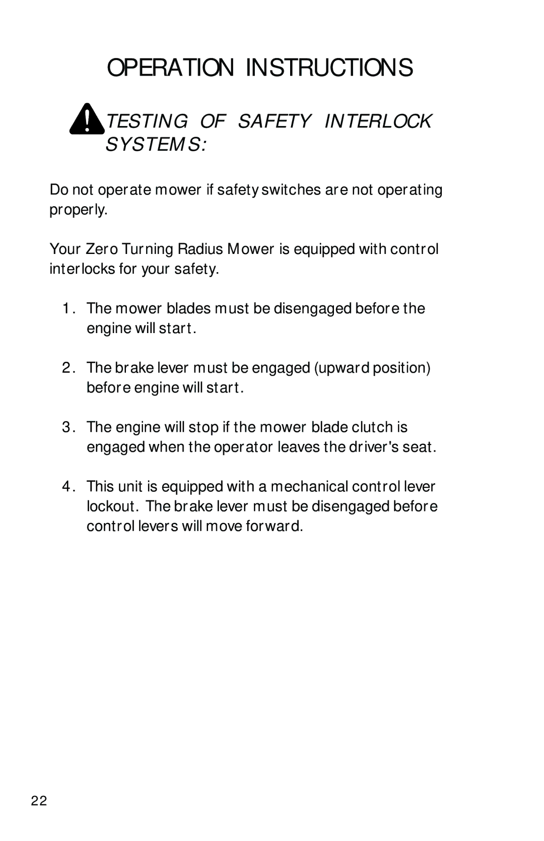 Dixon 2560 manual Testing of Safety Interlock Systems 