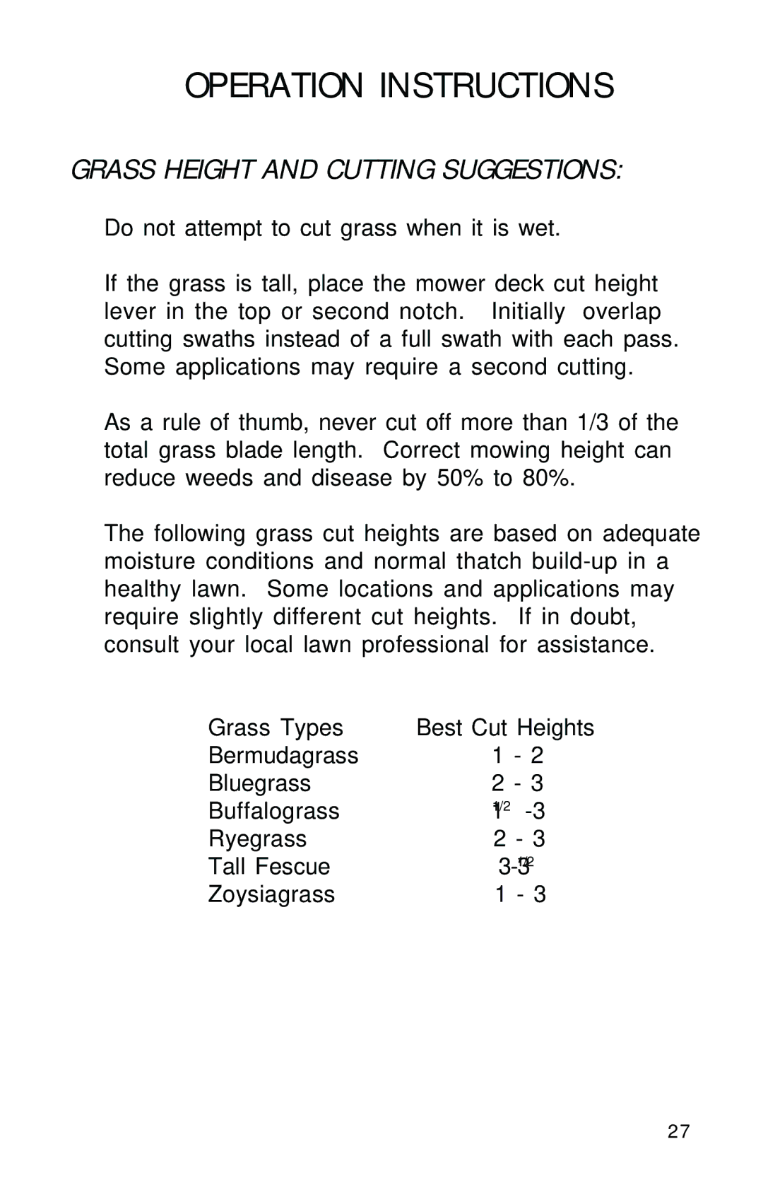 Dixon 2560 manual Grass Height and Cutting Suggestions 