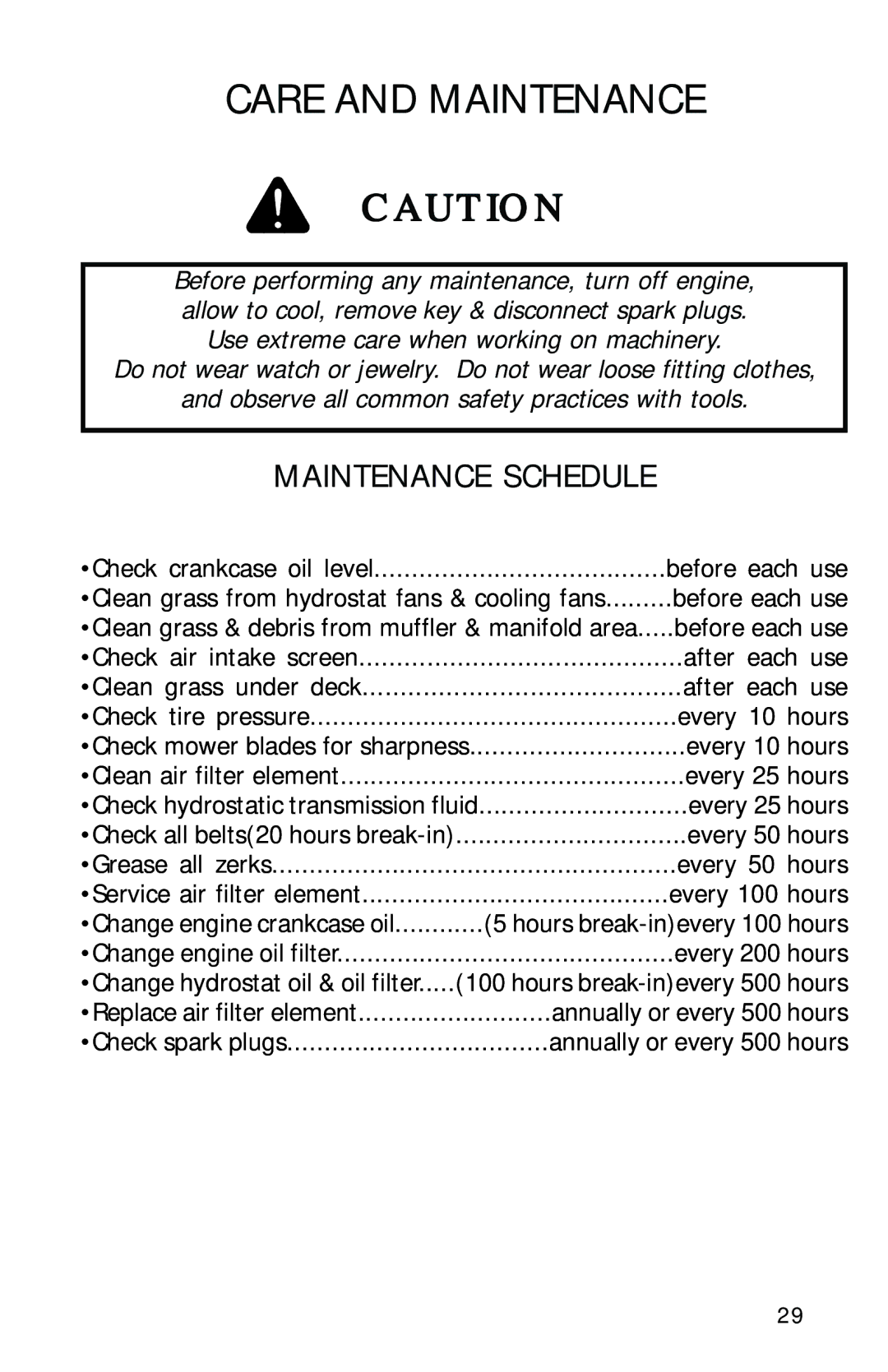 Dixon 2560 manual Care and Maintenance 