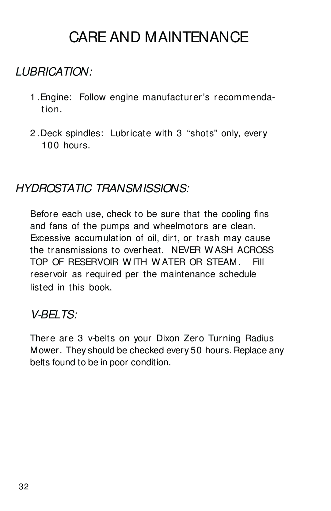 Dixon 2560 manual Lubrication, Hydrostatic Transmissions, Belts 