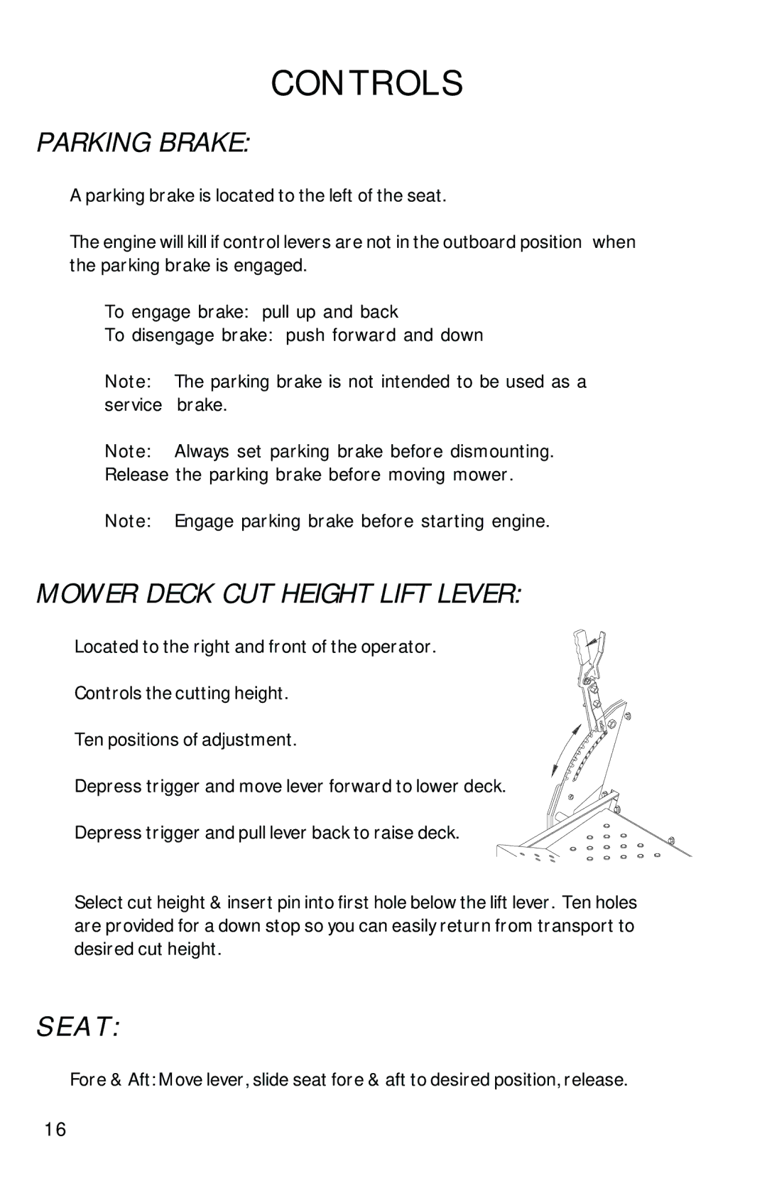 Dixon 2700 manual Parking Brake, Mower Deck CUT Height Lift Lever, A T 