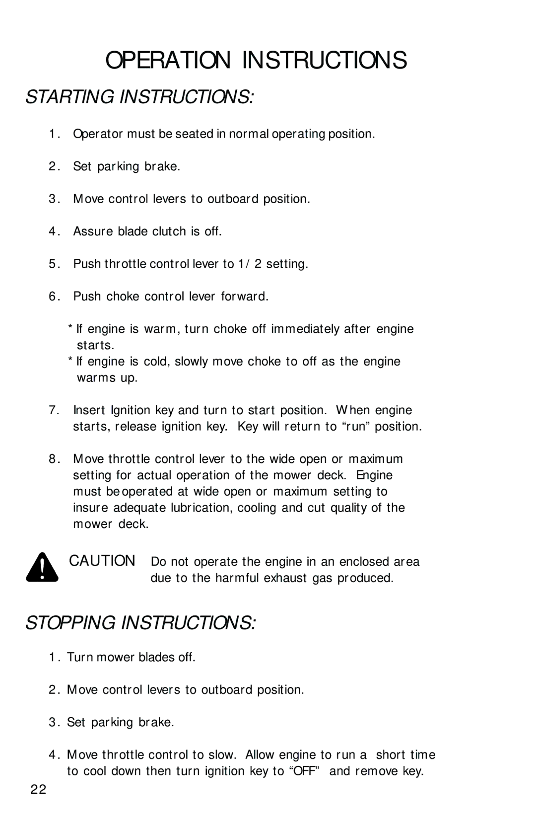 Dixon 2700 manual Starting Instructions, Stopping Instructions 