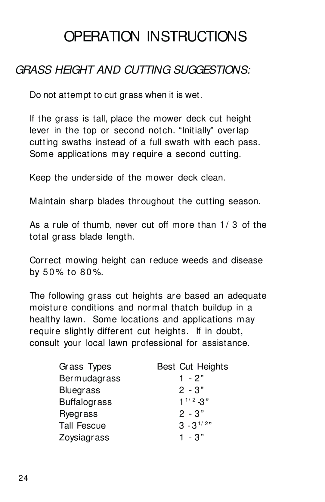 Dixon 2700 manual Grass Height and Cutting Suggestions 