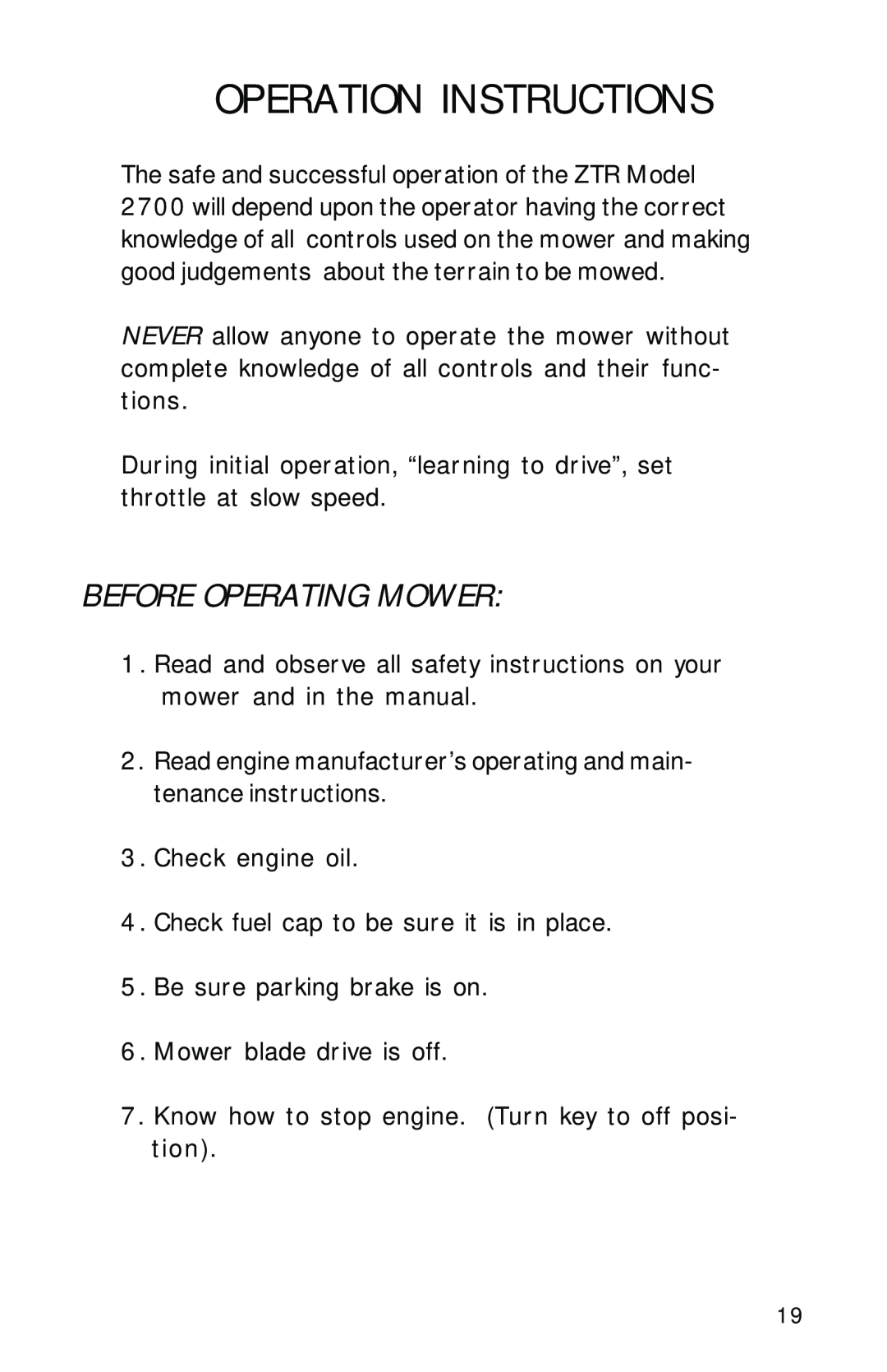 Dixon 2700 manual Operation Instructions, Before Operating Mower 