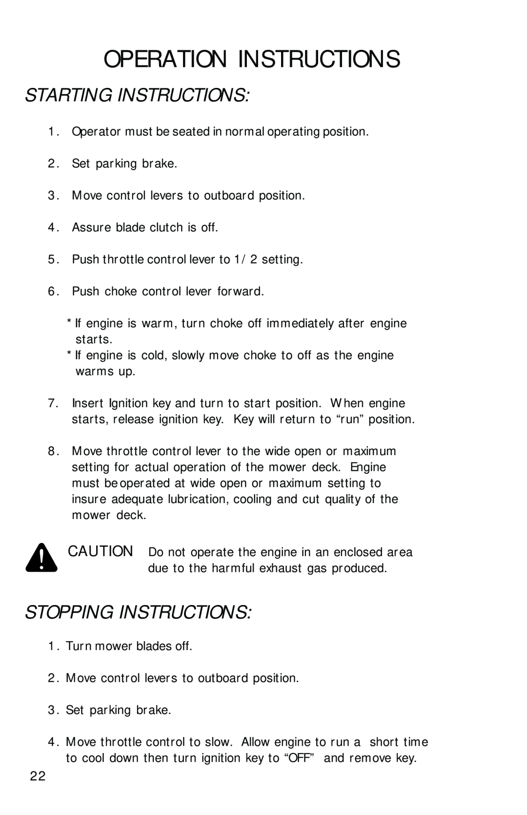 Dixon 2700 manual Starting Instructions, Stopping Instructions, Operation Instructions 