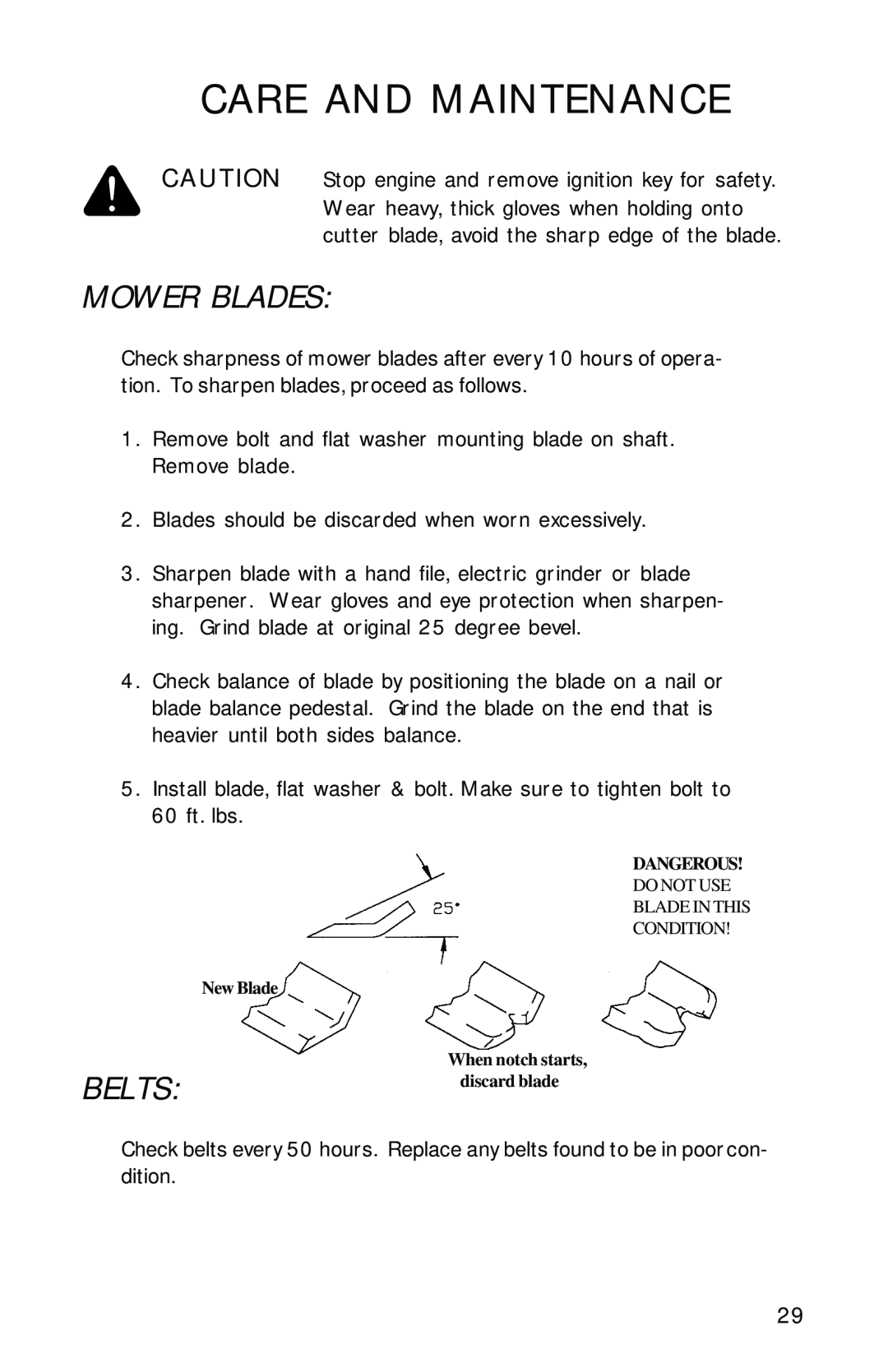 Dixon 2700 manual Mower Blades, Belts, Care And Maintenance, Dangerous, New Blade When notch starts 