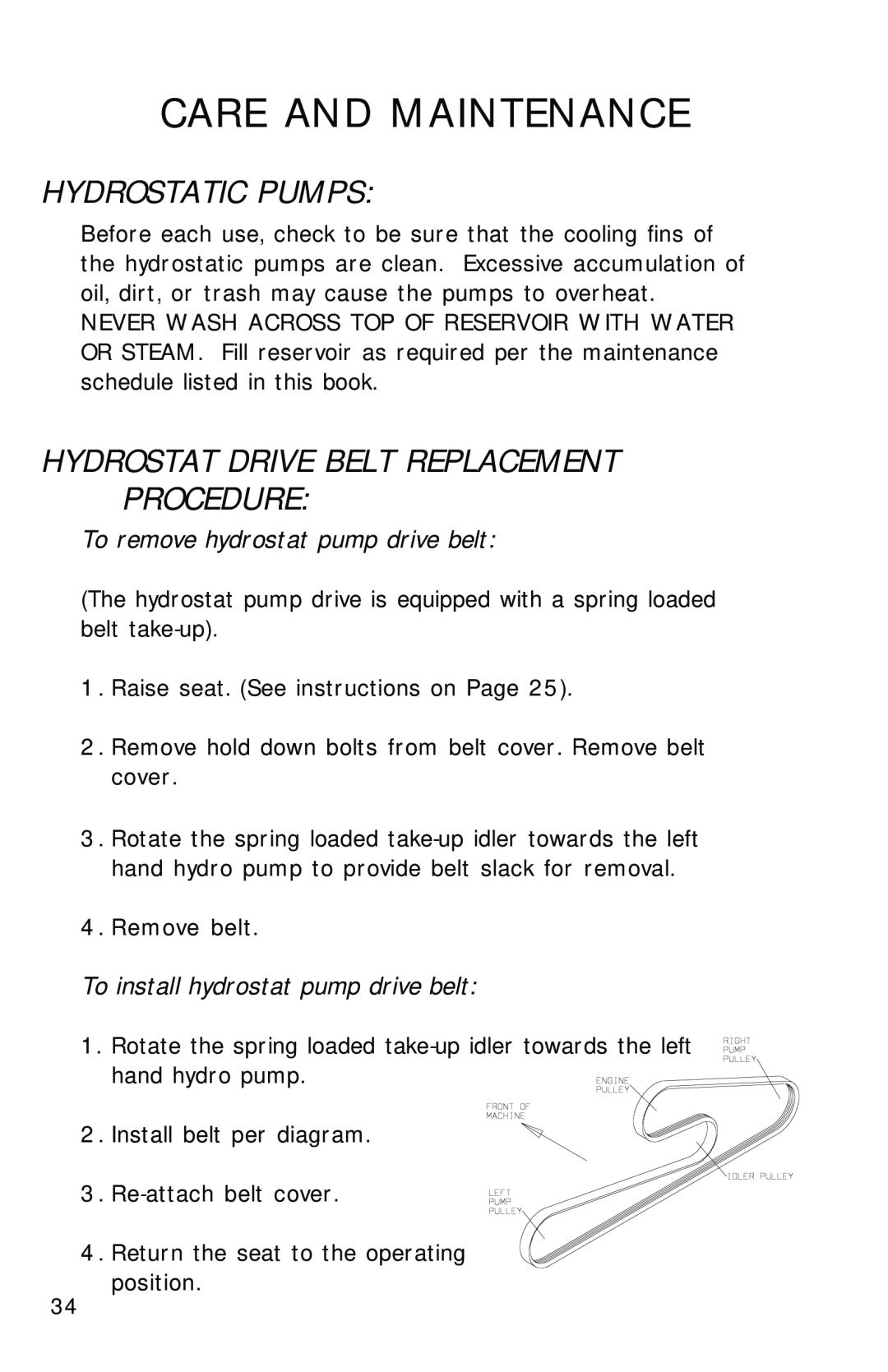 Dixon 2700 manual Hydrostatic Pumps, Hydrostat Drive Belt Replacement Procedure, Care And Maintenance 