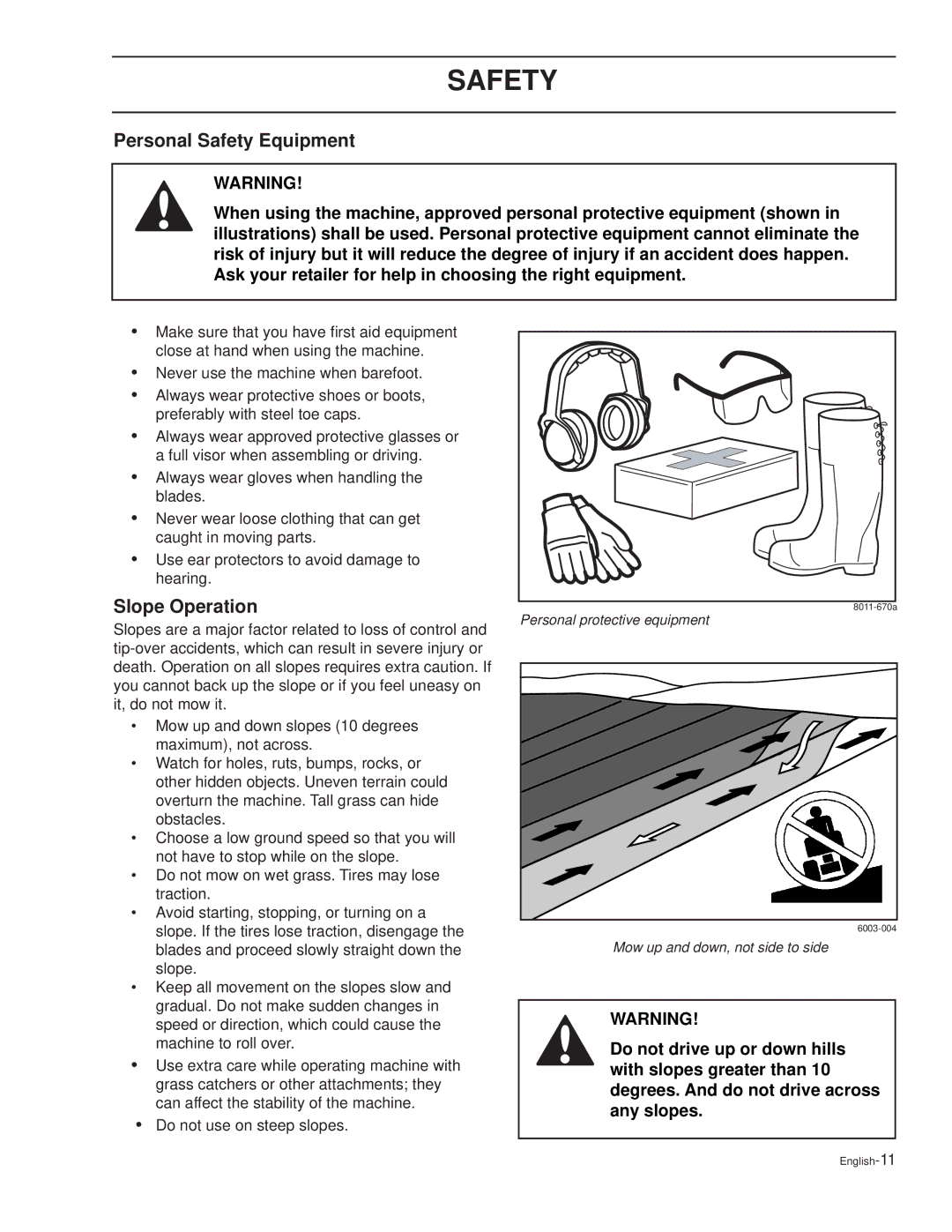 Dixon 30 KOH/968999627, 30 KOH/968999592, 30 KOH/968999591, 27 KOH/968999626 manual Personal Safety Equipment, Slope Operation 