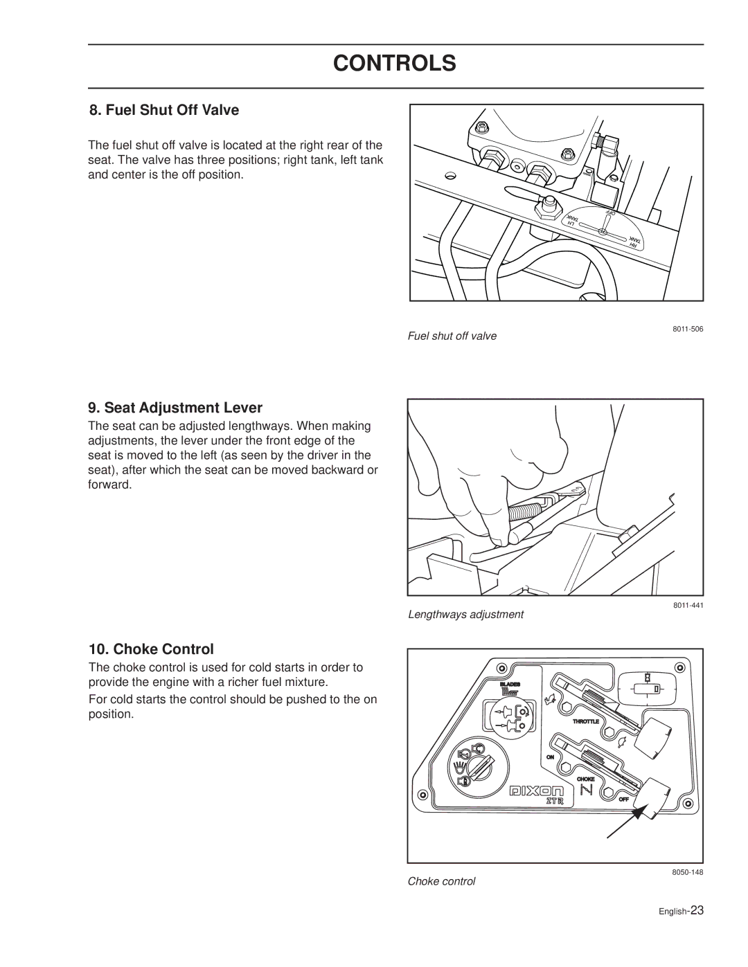 Dixon 27 KOH/968999590, 30 KOH/968999592, 30 KOH/968999591 manual Fuel Shut Off Valve, Seat Adjustment Lever, Choke Control 