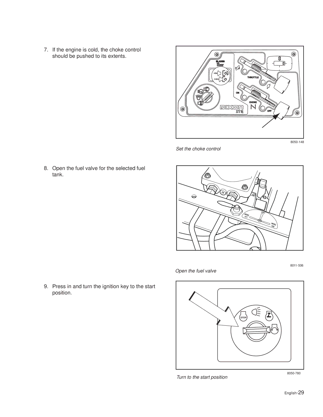 Dixon 30 KOH/968999627, 30 KOH/968999592, 30 KOH/968999591, 27 KOH/968999626 Open the fuel valve for the selected fuel tank 