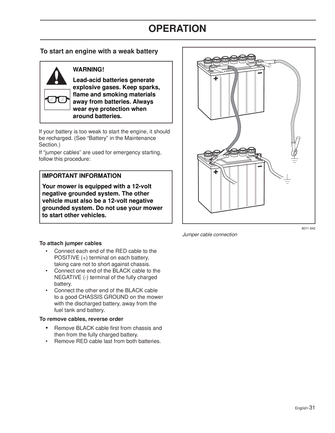 Dixon 27 KOH/968999588 To start an engine with a weak battery, To attach jumper cables, To remove cables, reverse order 