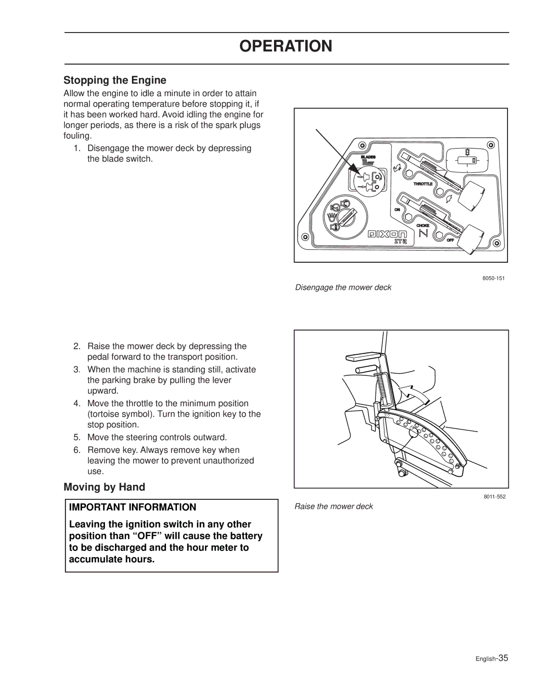 Dixon GRIZZLY 72, 30 KOH/968999592, 30 KOH/968999591, 30 KOH/968999627, 27 KOH/968999626 Stopping the Engine, Moving by Hand 