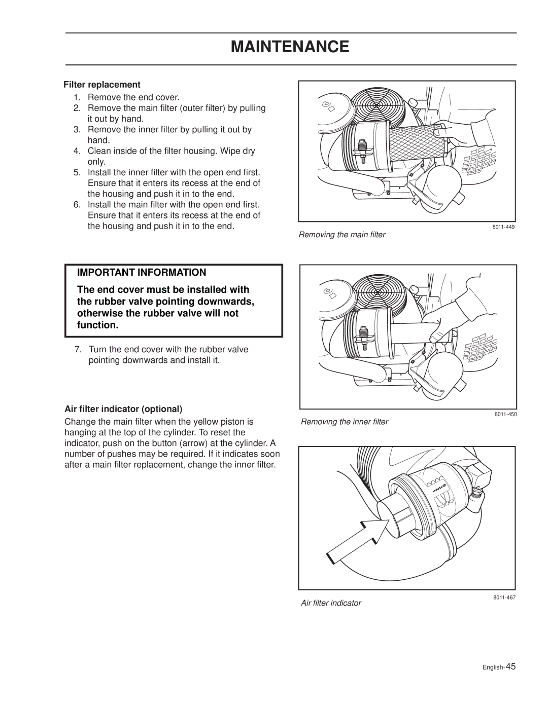 Dixon 30 KOH/968999592, 30 KOH/968999591, 30 KOH/968999627, GRIZZLY 60 manual Filter replacement, Air ﬁlter indicator optional 