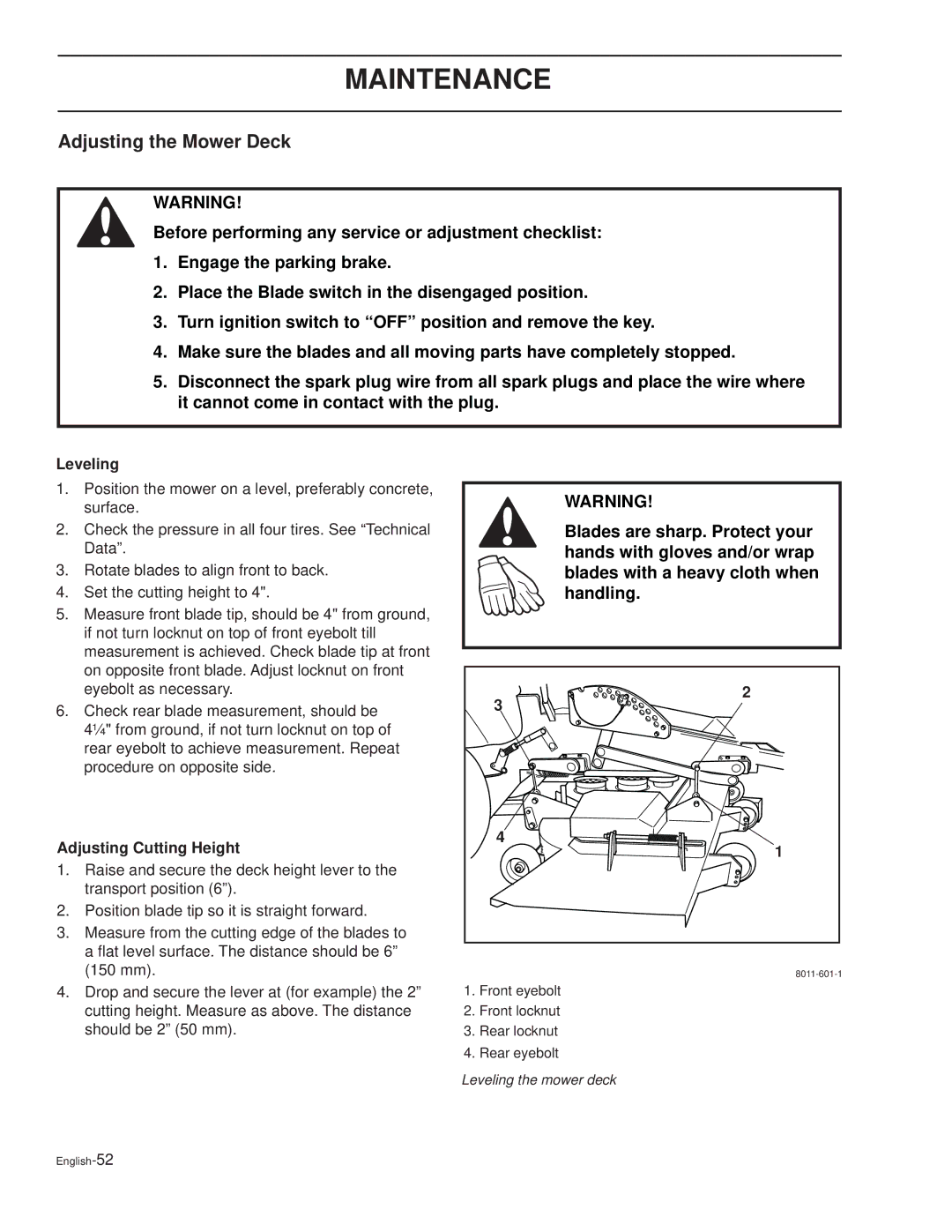 Dixon GRIZZLY 52, 30 KOH/968999592, 30 KOH/968999591 manual Adjusting the Mower Deck, Leveling, Adjusting Cutting Height 