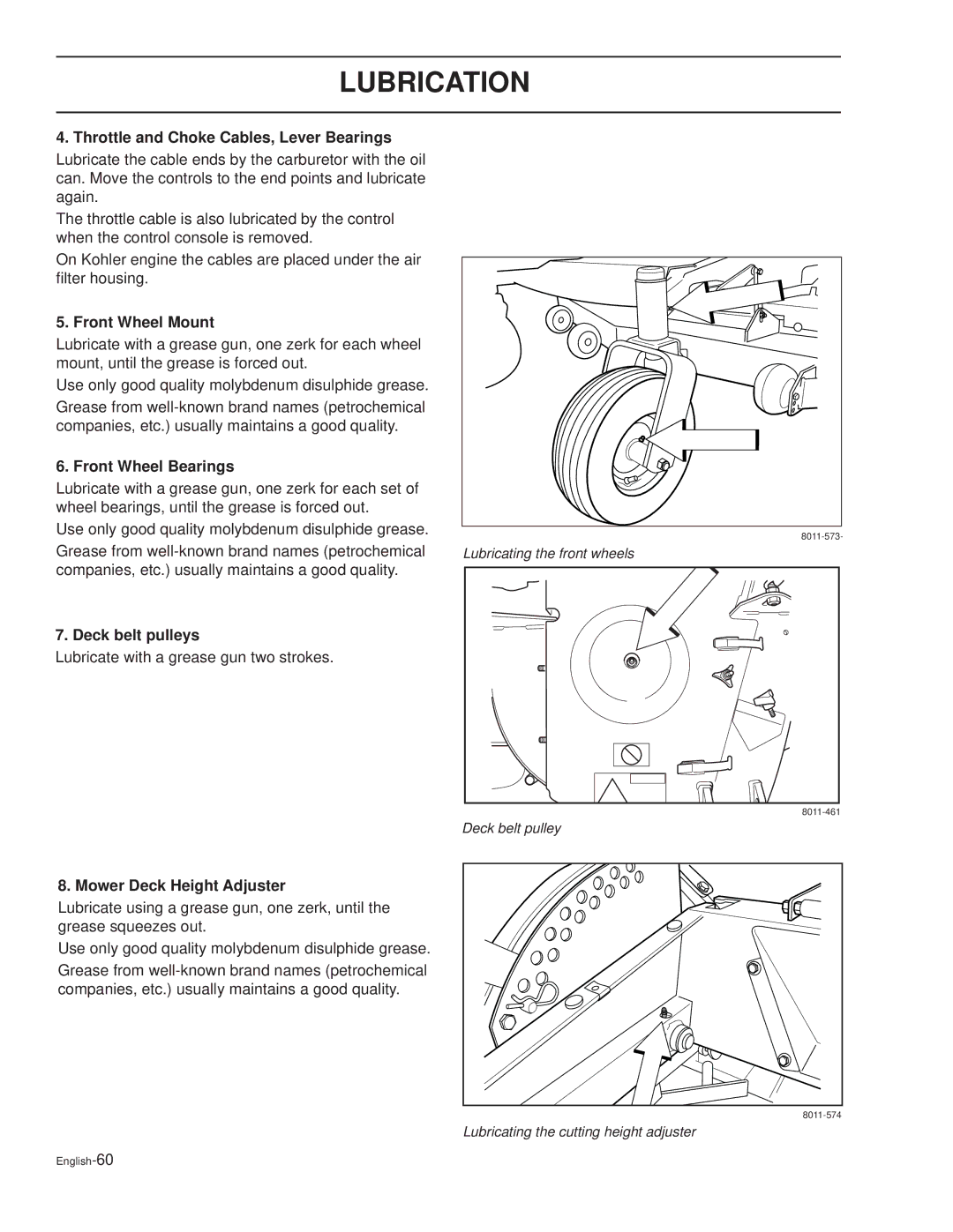 Dixon GRIZZLY 60 Throttle and Choke Cables, Lever Bearings, Front Wheel Mount, Front Wheel Bearings, Deck belt pulleys 