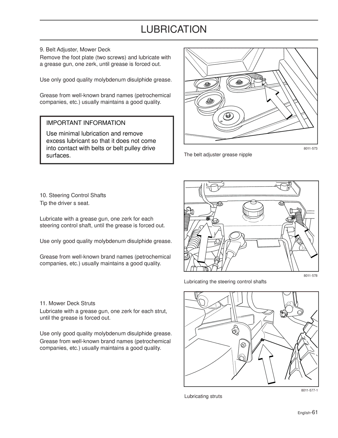 Dixon GRIZZLY 52, GRIZZLY 60 Belt Adjuster, Mower Deck, Steering Control Shafts Tip the driver’s seat, Mower Deck Struts 