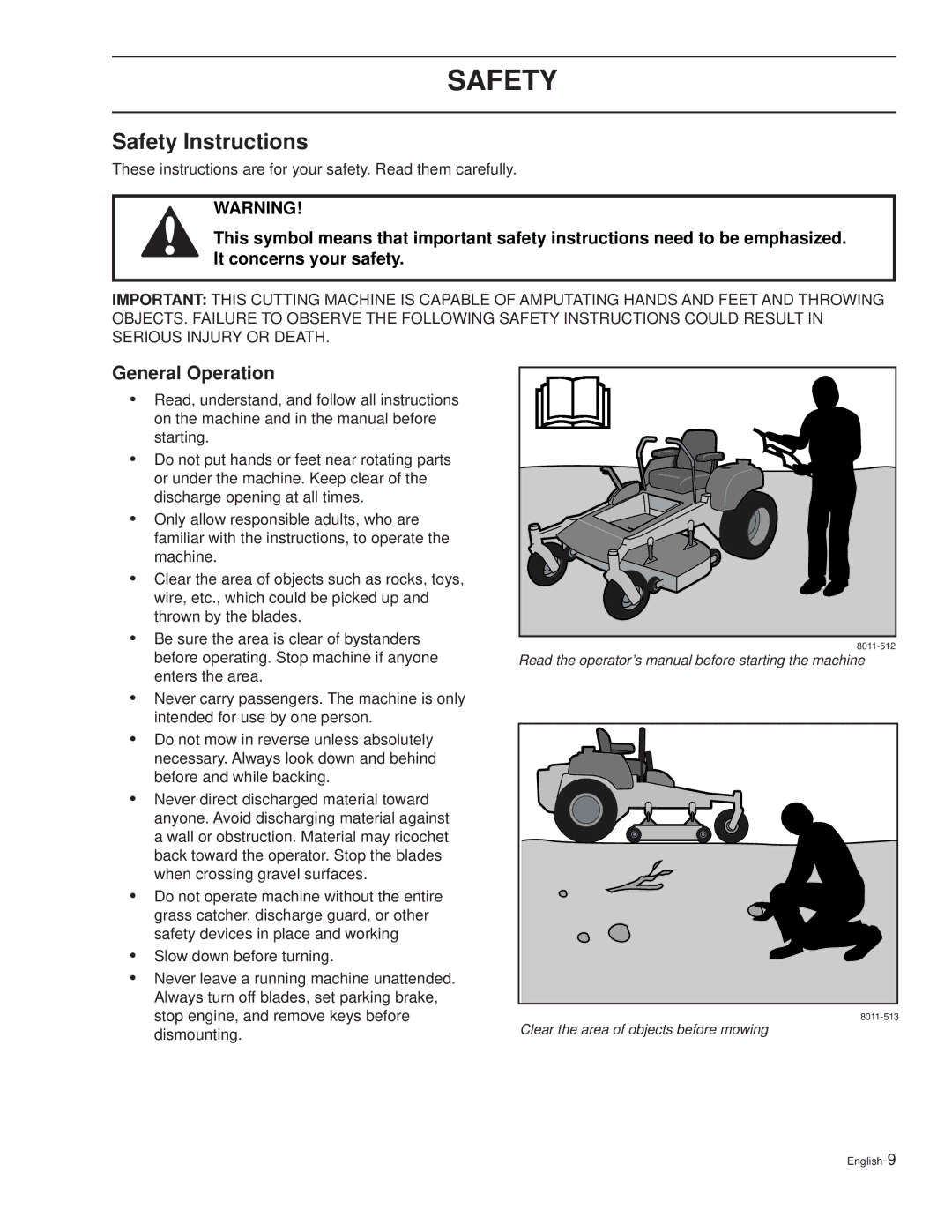 Dixon 30 KOH/968999592, 30 KOH/968999591, 30 KOH/968999627, 27 KOH/968999626, 27 KOH/968999588 manual Safety, General Operation 