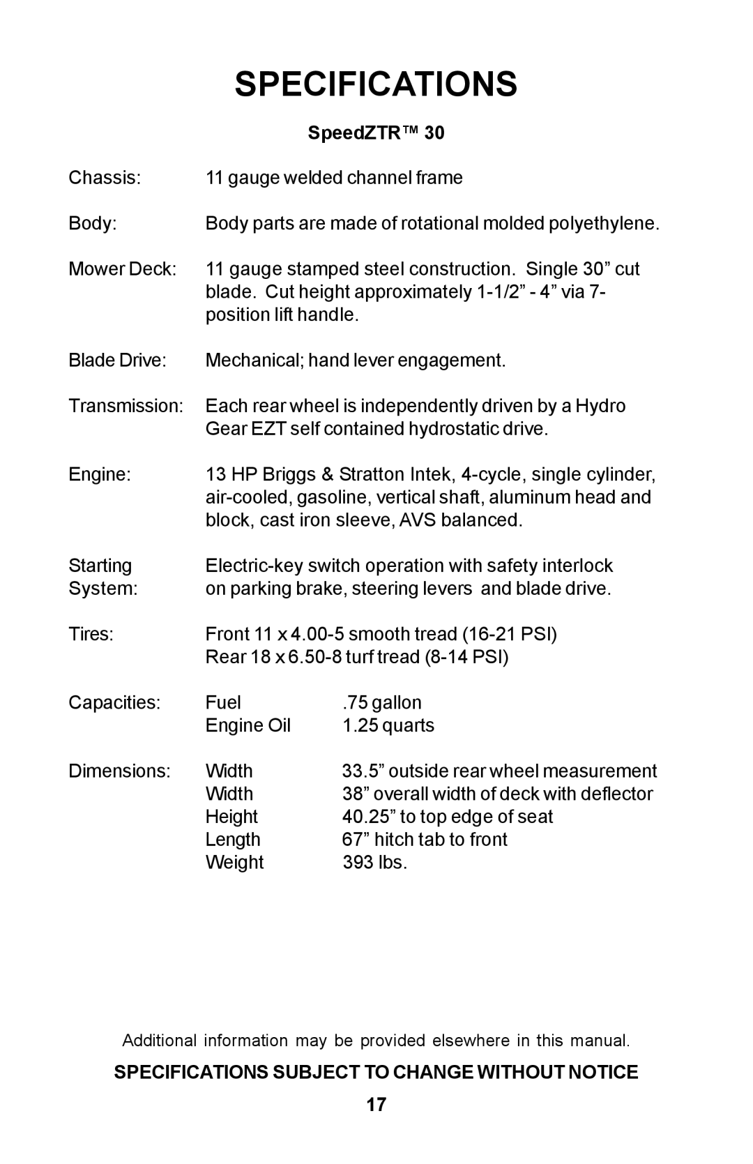 Dixon 30 manual Specifications, SpeedZTR 