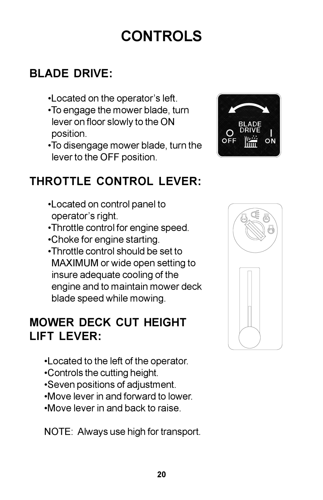 Dixon 30 manual Blade Drive, Throttle Control Lever, Mower Deck CUT Height Lift Lever 