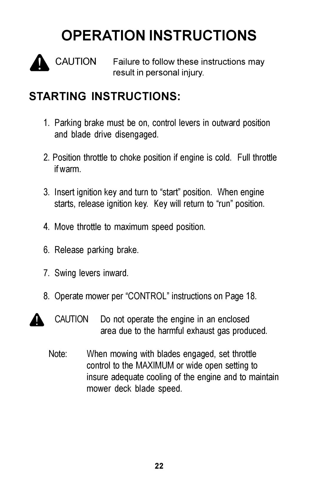 Dixon 30 manual Starting Instructions 