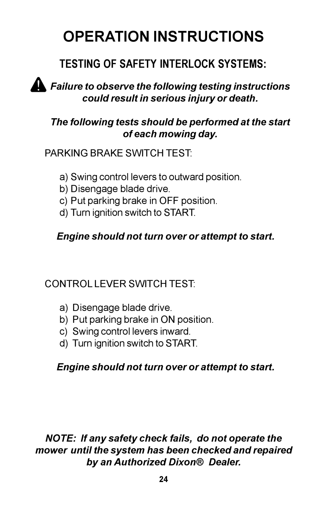 Dixon 30 manual Testing of Safety Interlock Systems, Parking Brake Switch Test 