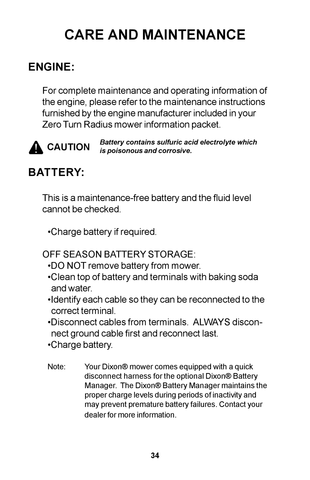 Dixon 30 manual Engine, Battery 