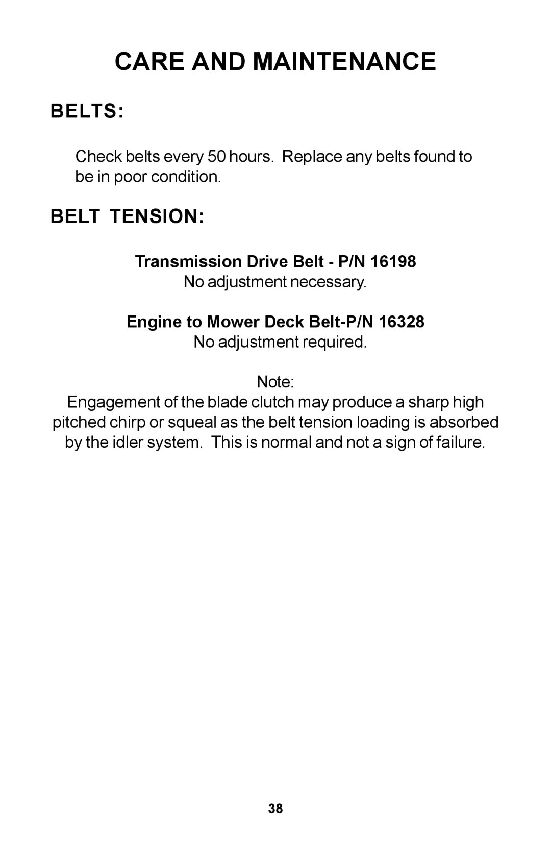 Dixon 30 manual Belts, Belt Tension 