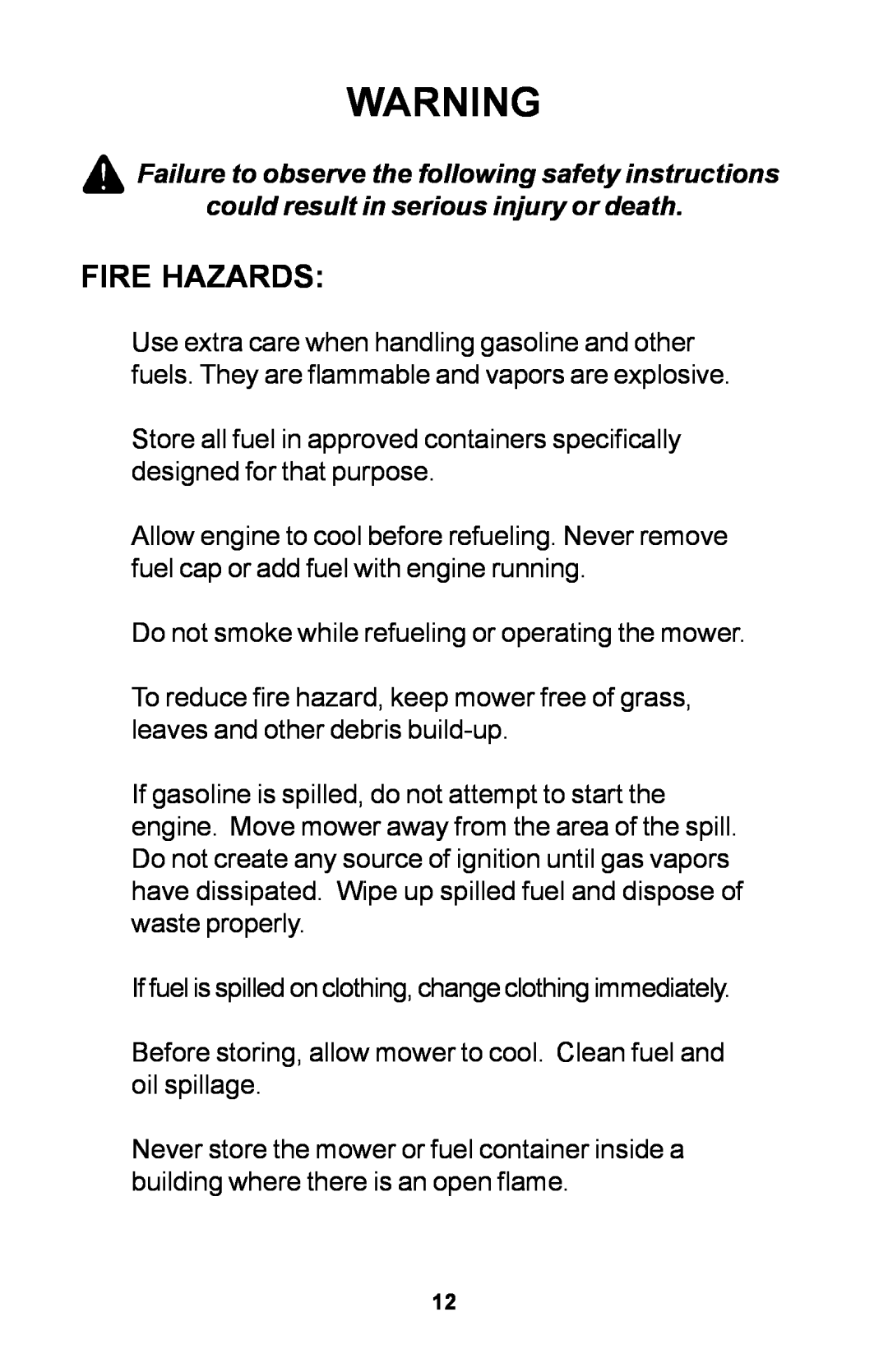 Dixon 30 manual Fire Hazards 