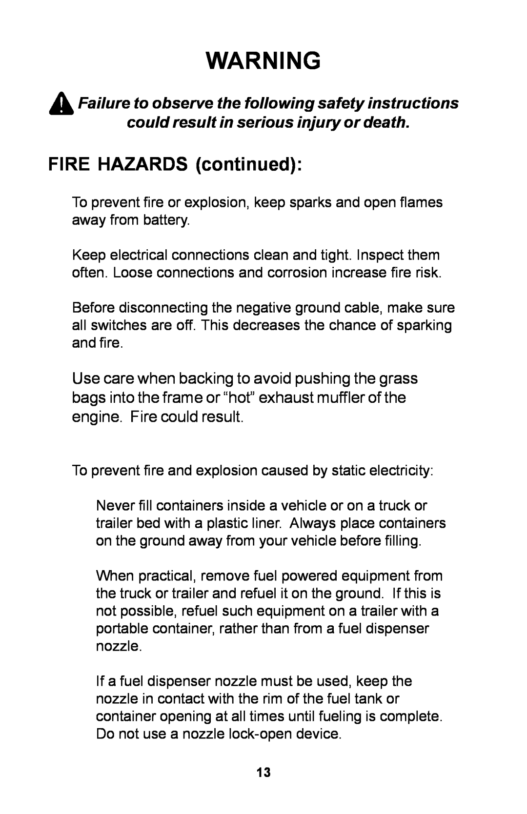 Dixon 30 manual FIRE HAZARDS continued, could result in serious injury or death 