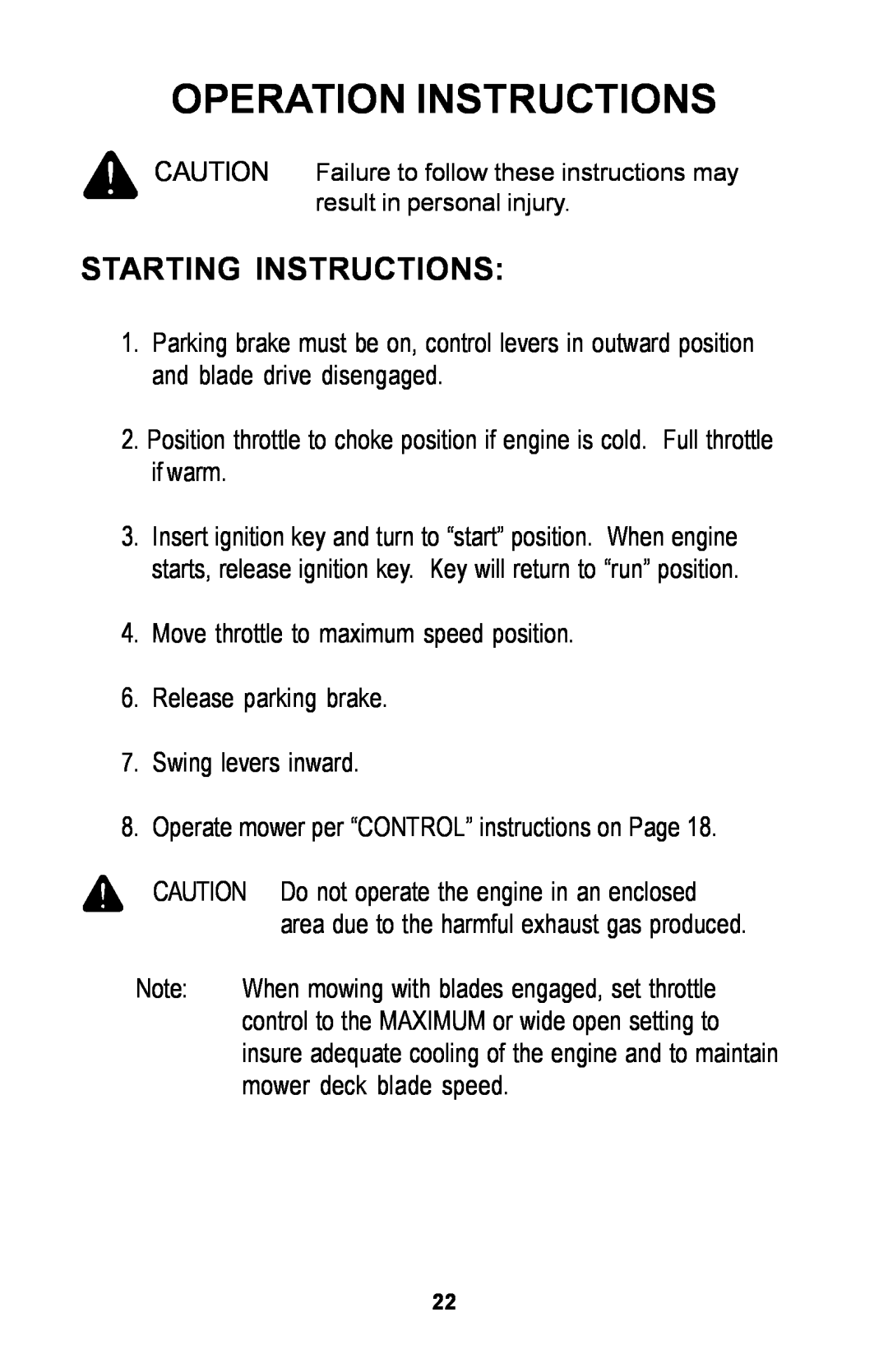 Dixon 30 manual Starting Instructions, Operation Instructions 