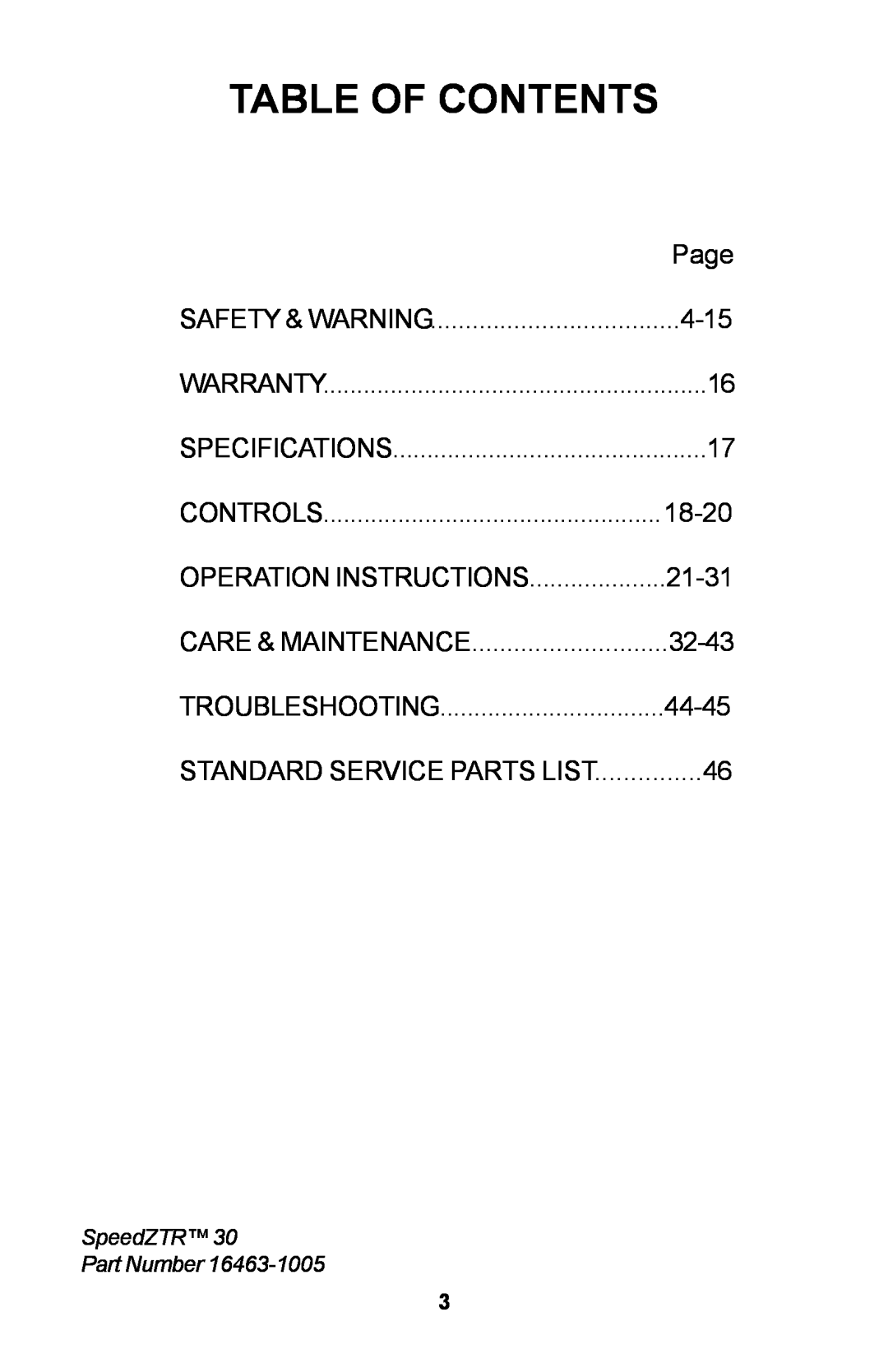 Dixon 30 manual Table Of Contents 