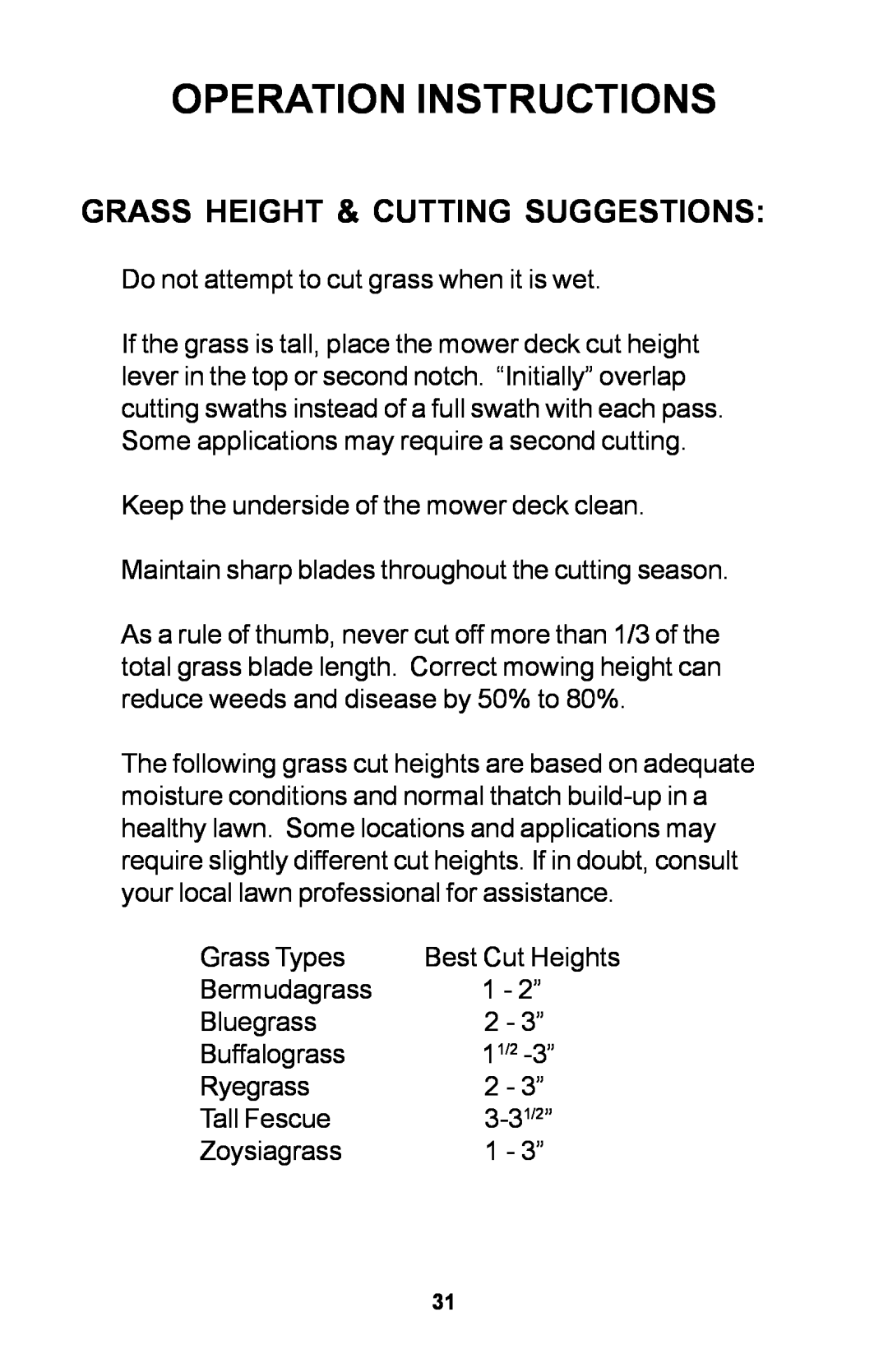 Dixon 30 manual Grass Height & Cutting Suggestions, Operation Instructions 