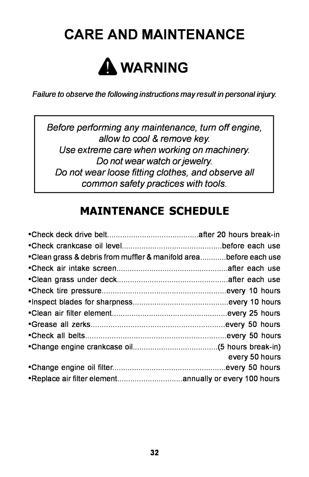 Dixon 30 manual Care And Maintenance, Maintenance Schedule, allow to cool & remove key, Do not wear watch or jewelry 