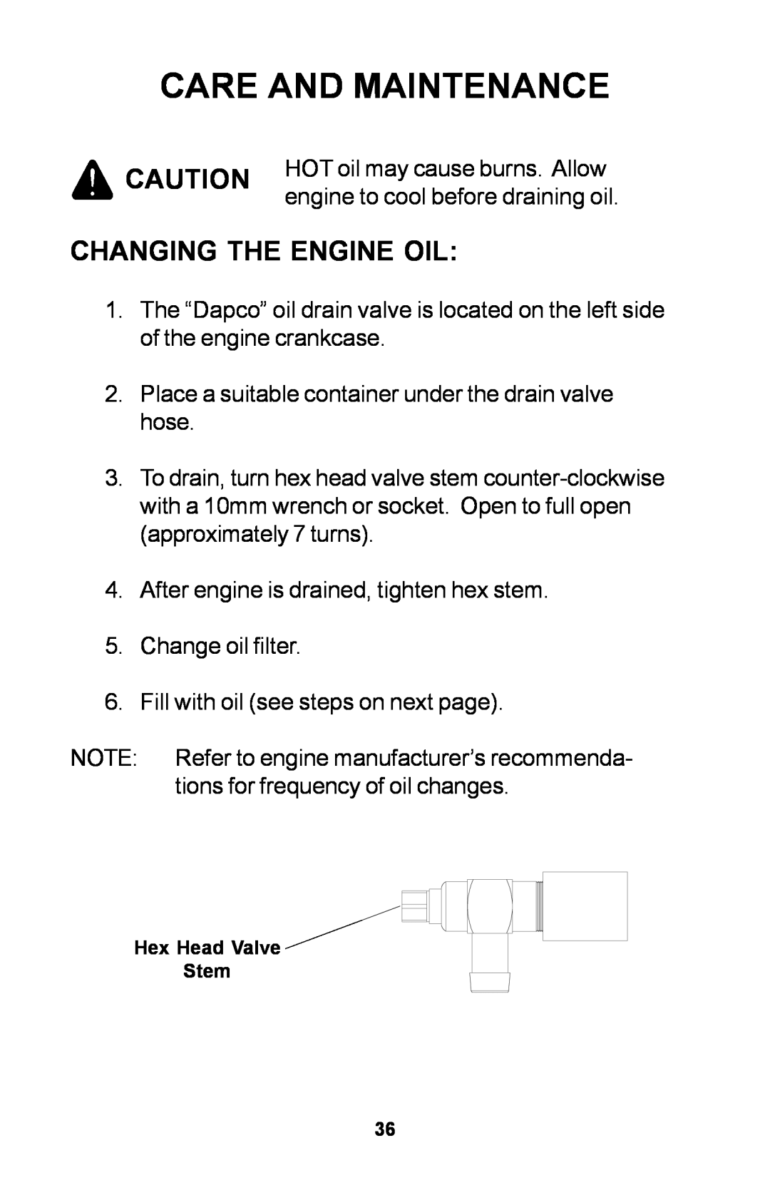 Dixon 30 manual Changing The Engine Oil, Care And Maintenance 