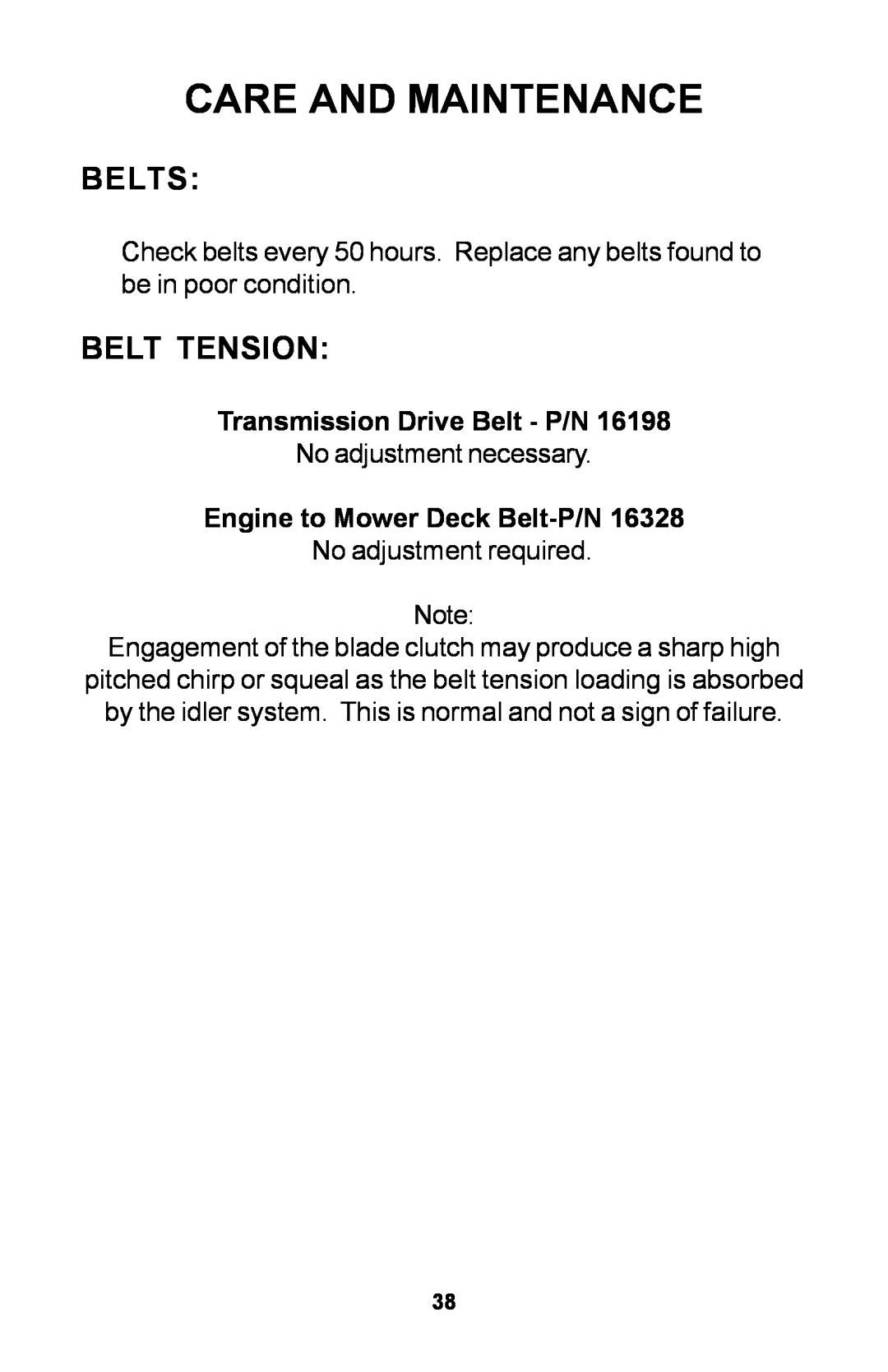 Dixon 30 Belts, Belt Tension, Care And Maintenance, Transmission Drive Belt - P/N, Engine to Mower Deck Belt-P/N16328 